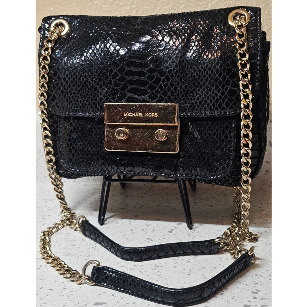 Michael Kors Black Python Embossed Chain Crossbody Bag Gold Hardware Flap Style